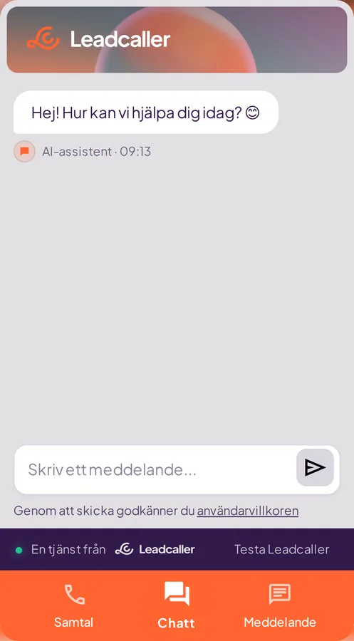 Widgeten i chattläget: ett första svar från Leadcaller och ett fält för att skriva sin fråga.