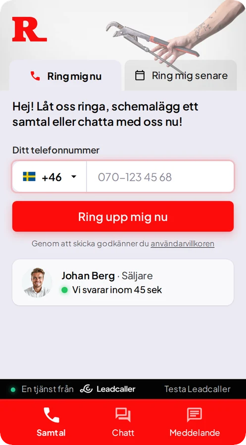 Samma vy i en kunds färger med röd knapp.