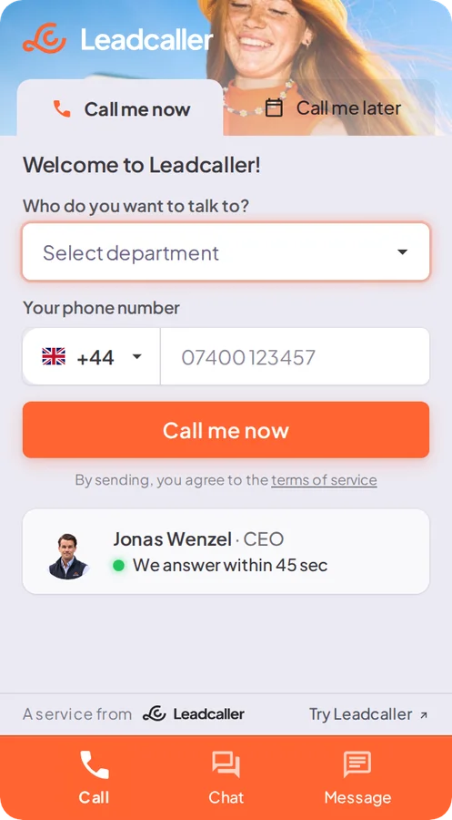 The widget with the Call me now tab selected: a phone number field and a button to call the visitor back.