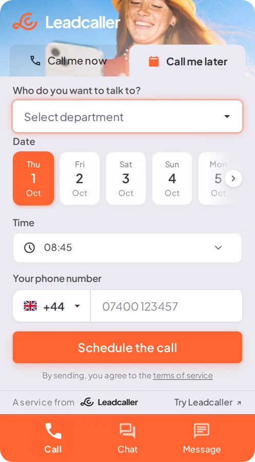 The widget with the Call me later tab selected: a row of dates and a list of free times.