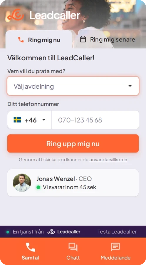Widgeten med fliken Ring mig nu vald: ett telefonnummerfält och knappen Ring upp mig nu.